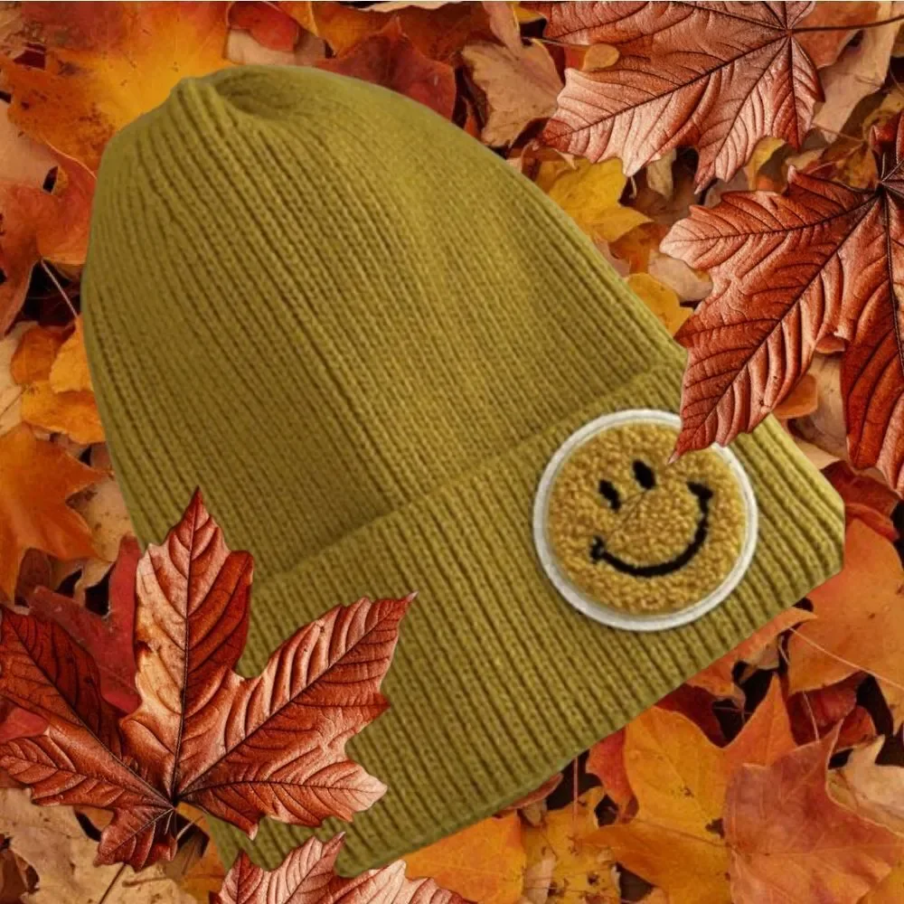 Knit ribbed smiley face hat beanie, mustard